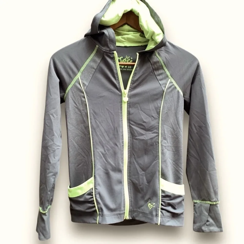 Justice Track Jacket Full Zip Grey Neon Green Lightweight Girl’s size 10